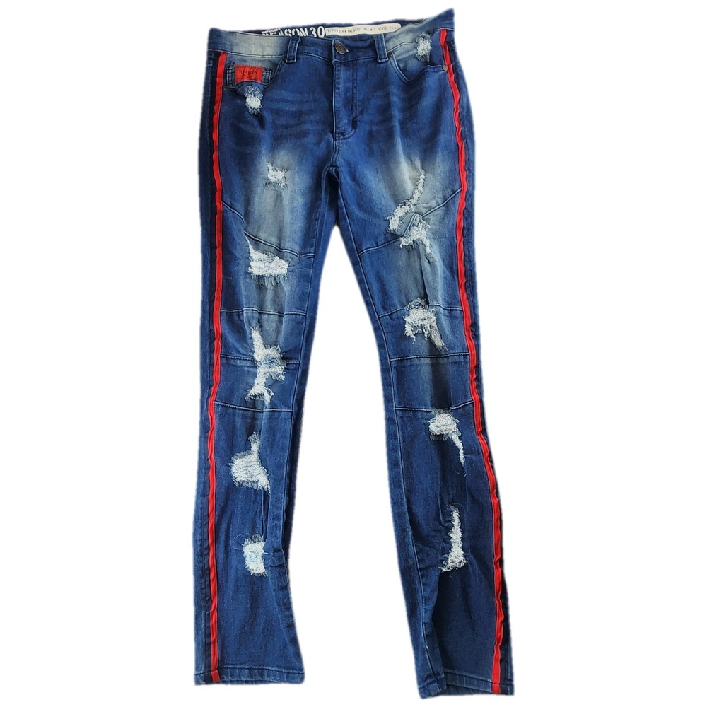 Reason Mens Distressed Jeans Size 30 Blue Denim Red Side Stripe Streetwear